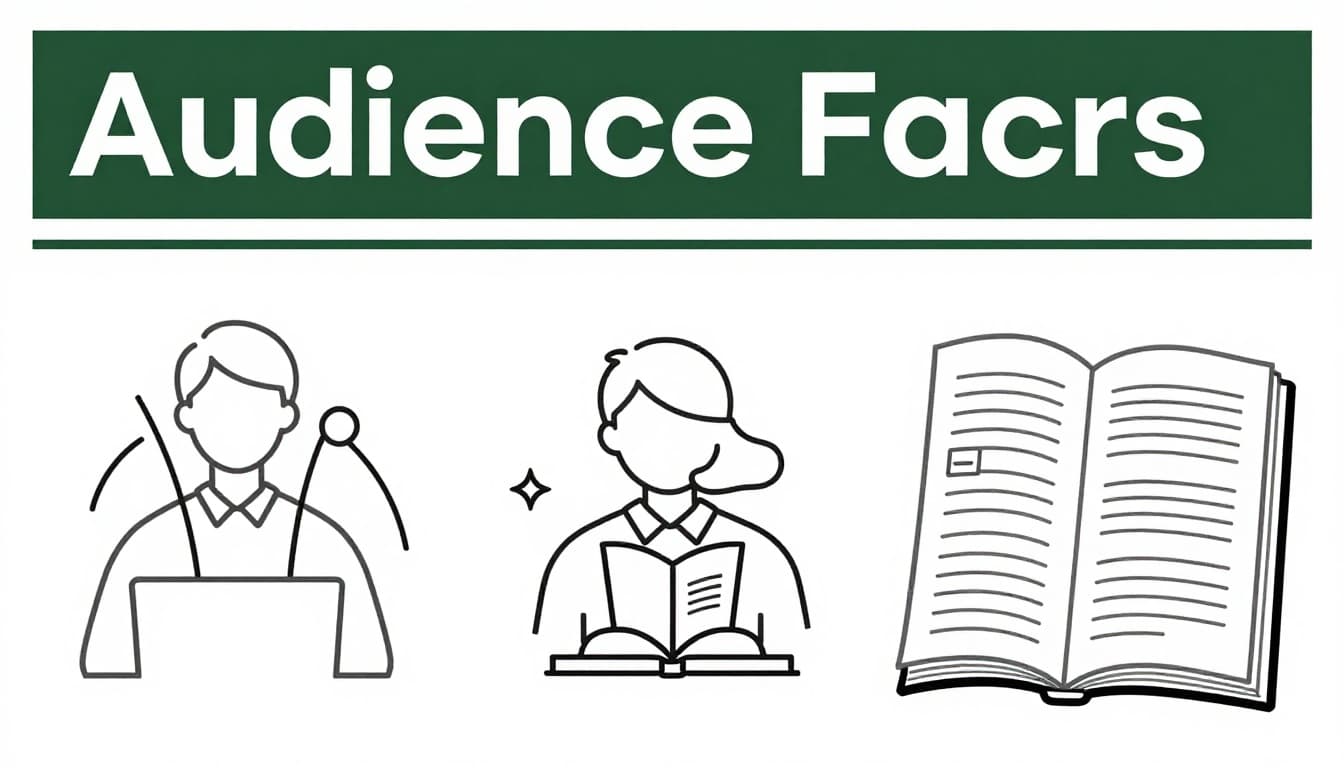 Minimalist line art icons depicting busy professional quick read, expert deep dive book, simple topic short note, and complex guide long scroll, arranged horizontally below the bold 'Audience Factors' headline on a muted dark-green band atop a white background.