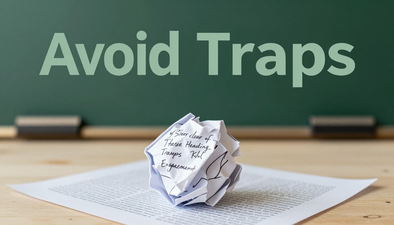 Overhead desk view contrasting a crumpled paper ball with vague scribbled heading against a clean sharp heading on fresh paper, topped by bold dark-green 'Avoid Traps' banner.