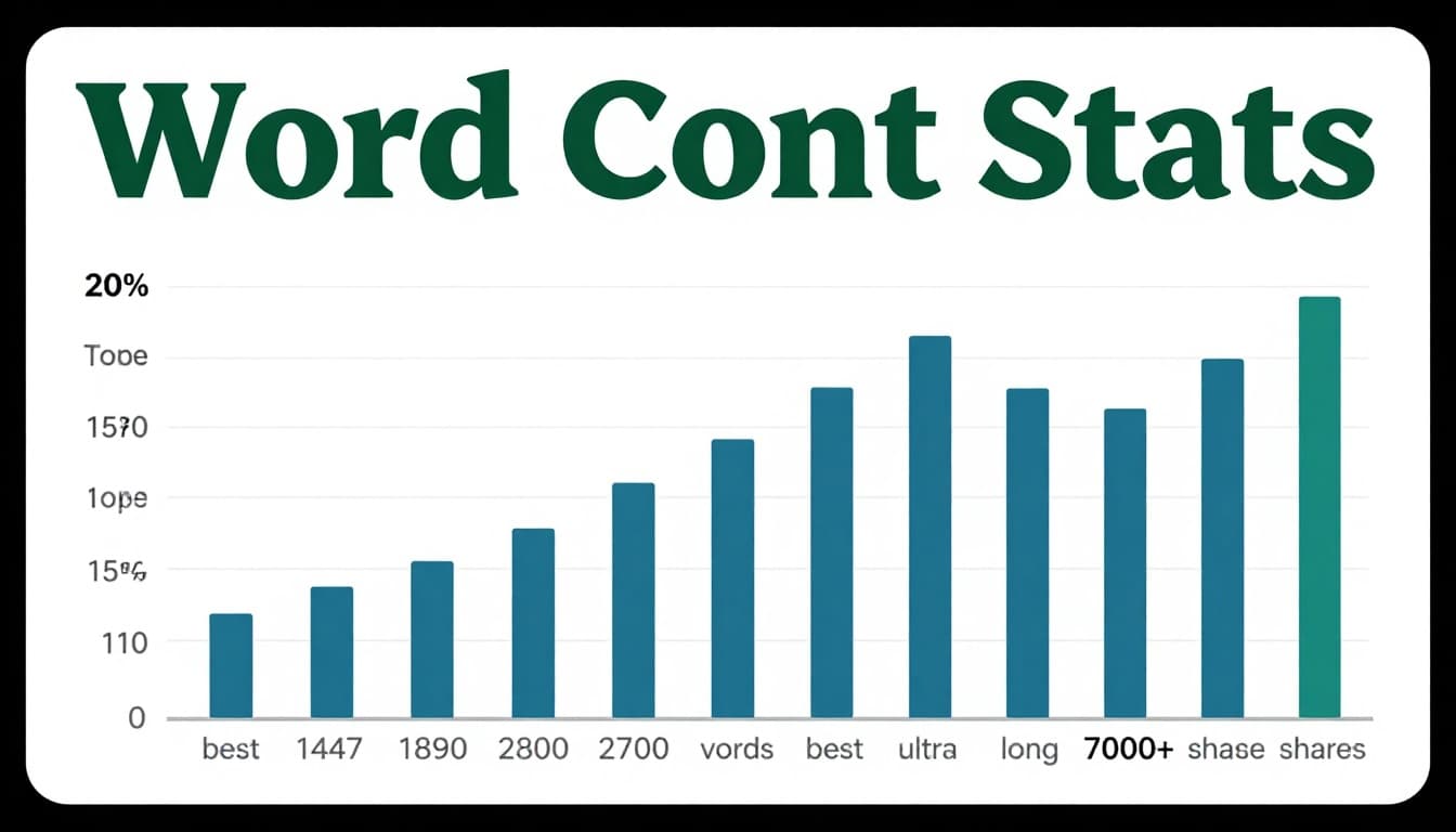 Clean bar chart comparing average word counts for top Google #1 results (1500 words), top 10 results (1447-1890 words), best performing posts (2700 words), and ultra-long posts (7000+ words) for shares. Simple blues and greens bars on white background with bold 'Word Count Stats' headline in Montserrat Black on dark-green band.