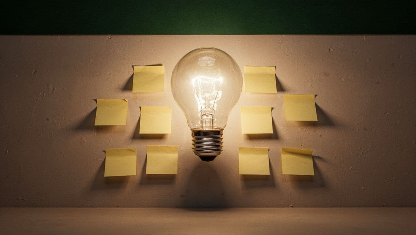 A single oversized lightbulb glows dramatically, illuminating sticky notes on a wall in a minimalist studio with dim ambient light. Bold 'Bonus Tips' headline in a muted dark-green band at the top symbolizes memorable pro tips for unforgettable conclusions.