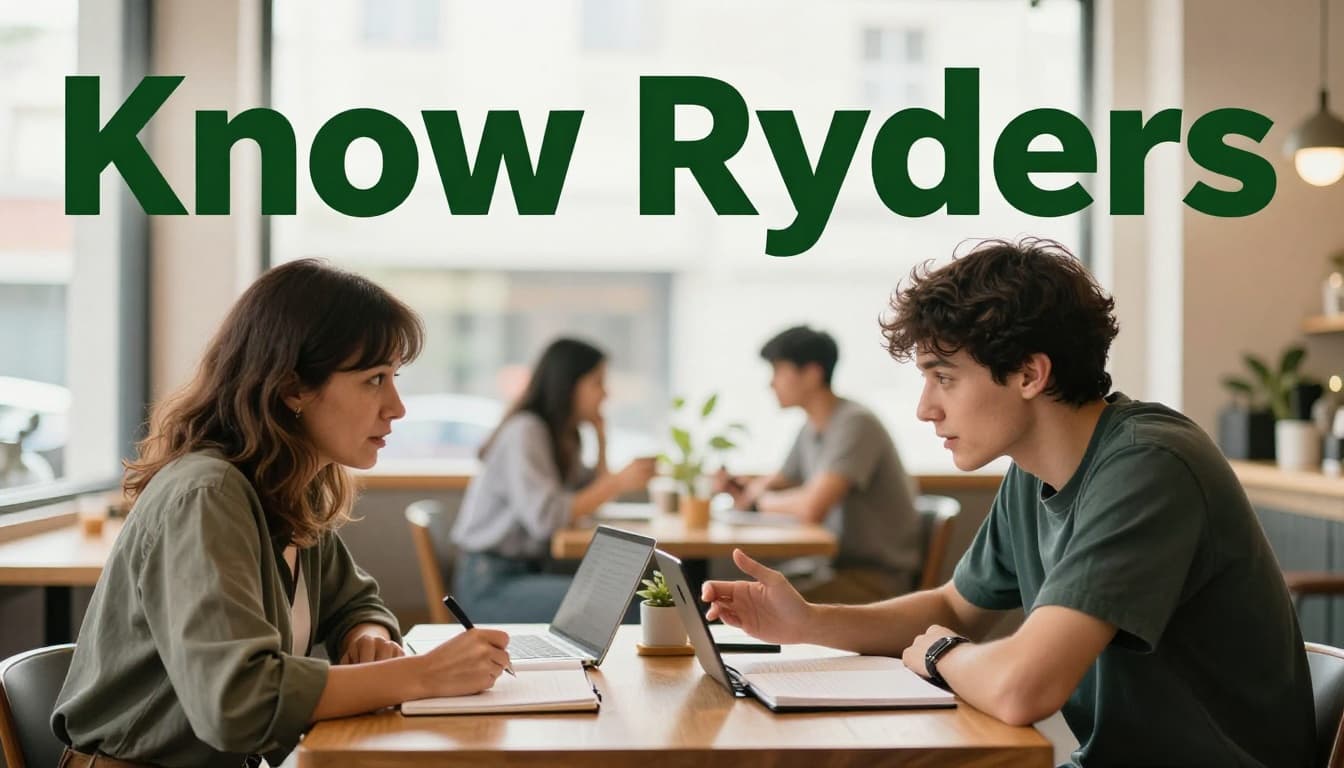 Middle-aged woman and young man animatedly discuss ideas at a wooden cafe table with open notebooks in a cozy coffee shop, under soft window light. Bold 'Know Readers' headline on a dark-green band at the top.