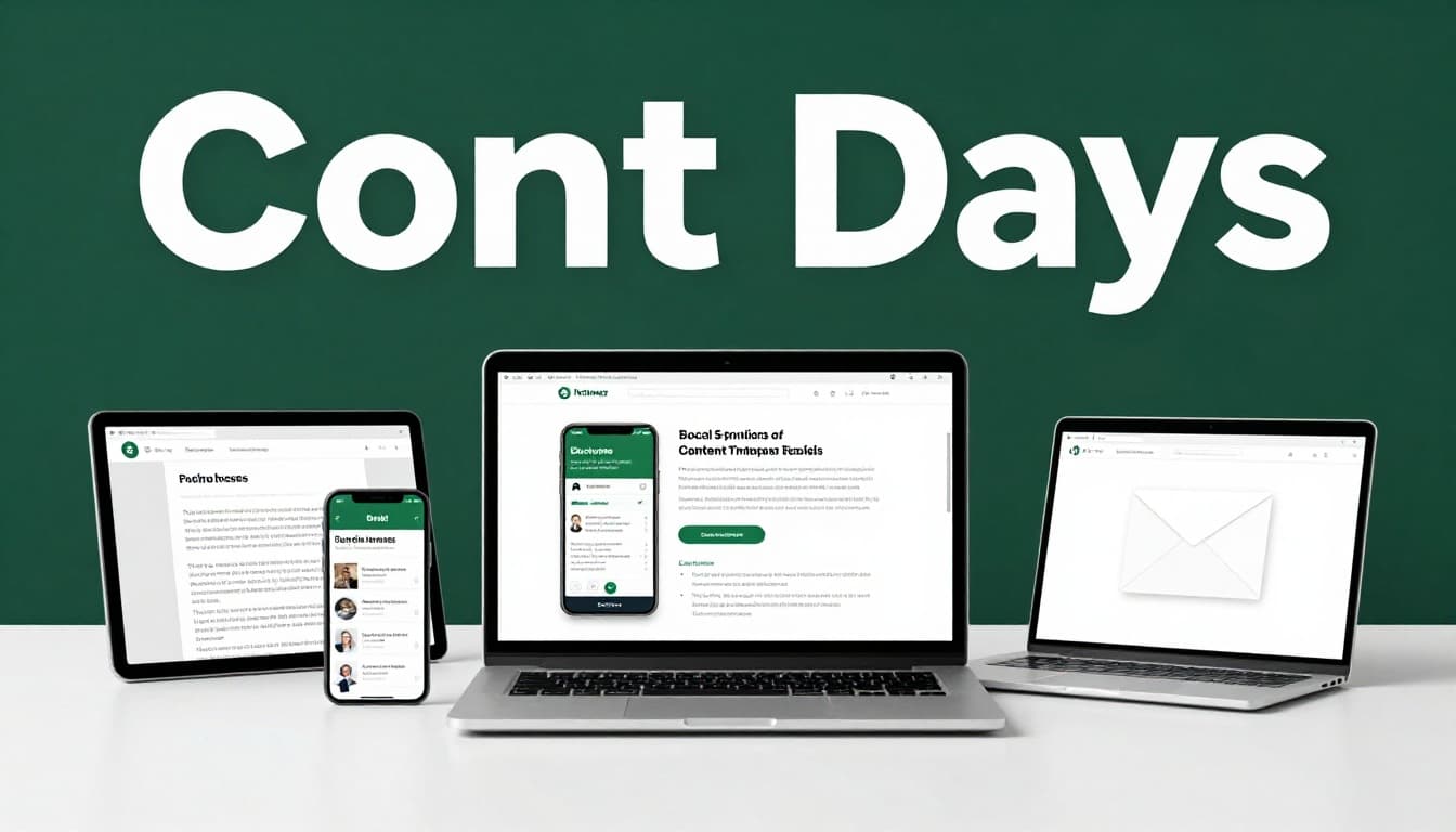 Photorealistic icons of various content formats including a laptop displaying a blog article, smartphone showing a social media post, and computer screen with an email newsletter, arranged on a minimalist white desk with soft studio lighting.