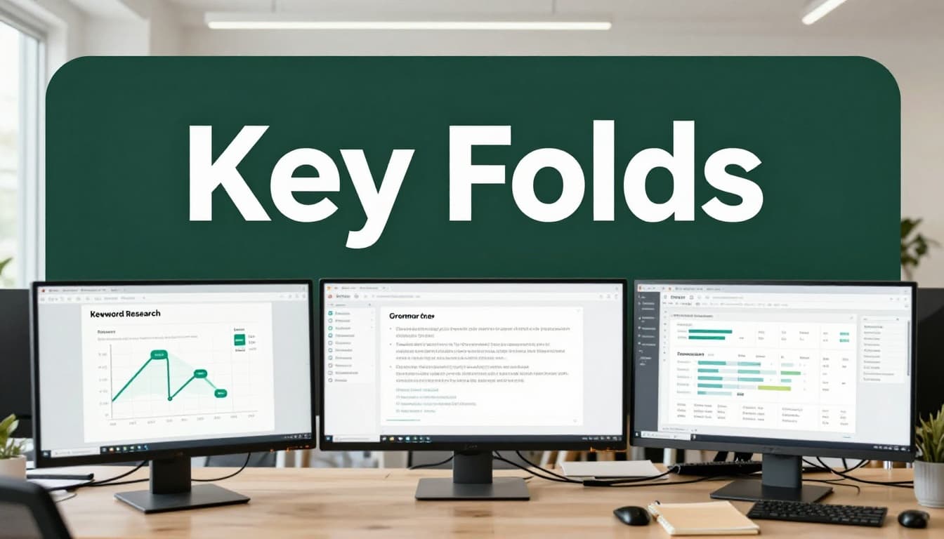 Modern photorealistic office workspace with three monitors displaying keyword research graph, grammar checker interface, and analytics dashboard, plus a notepad, under bright daylight lighting, featuring a bold 'Key Tools' headline on a dark-green band.