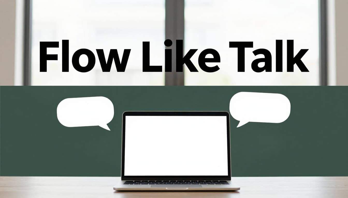 A single open laptop on a clean desk with floating speech bubbles showing conversational flow, in a modern home office with natural daylight and bold headline 'Flow Like Talk'.