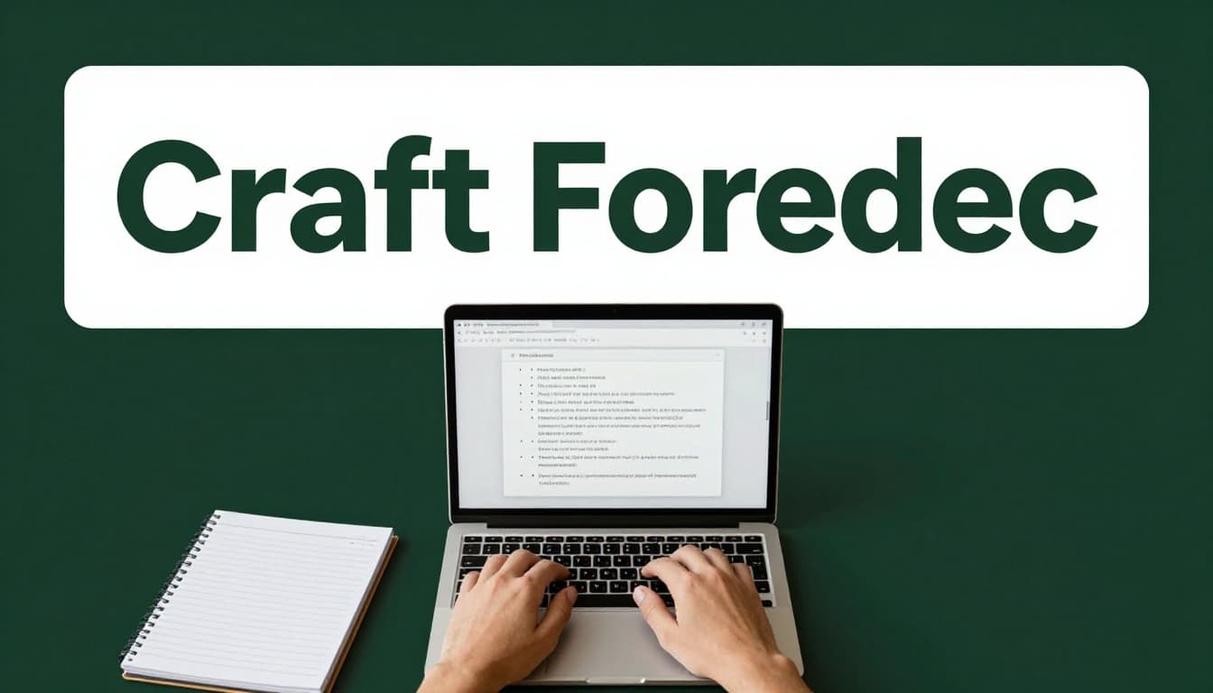 A single writer with relaxed hands types a step-by-step outline with bullet points on a laptop screen in a centered home workspace under soft overhead light. Bold branded editorial style features a muted dark-green horizontal band at the top with 'Craft First Piece' title in geometric sans-serif font.