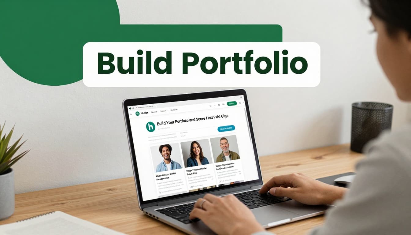 An excited beginner freelancer sits at a modern desk with a mouse pad, viewing their starting portfolio on a laptop angled screen showing subtle thumbnails of published articles and Medium, LinkedIn icons, in a naturally lit room with a bold dark-green 'Build Portfolio' header band.
