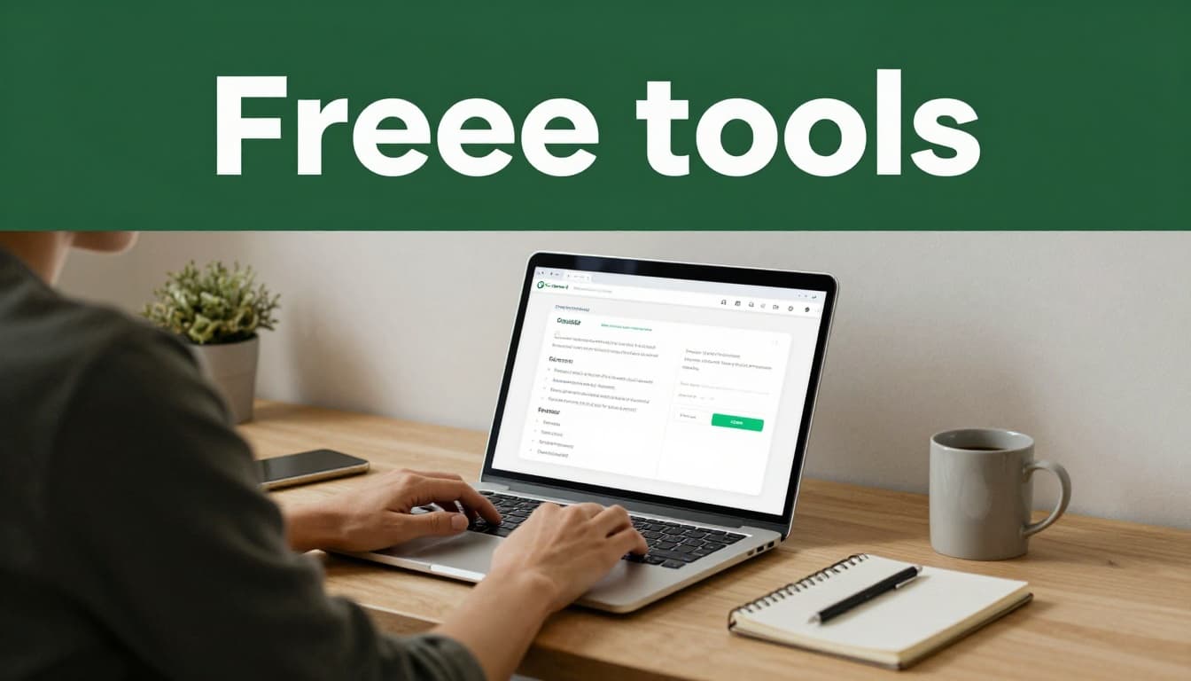 A relaxed person at a modern desk with open laptop, notebook, and coffee mug, subtle Grammarly and ChatGPT icons in background, under warm lighting with bold 'Free Tools' header band.