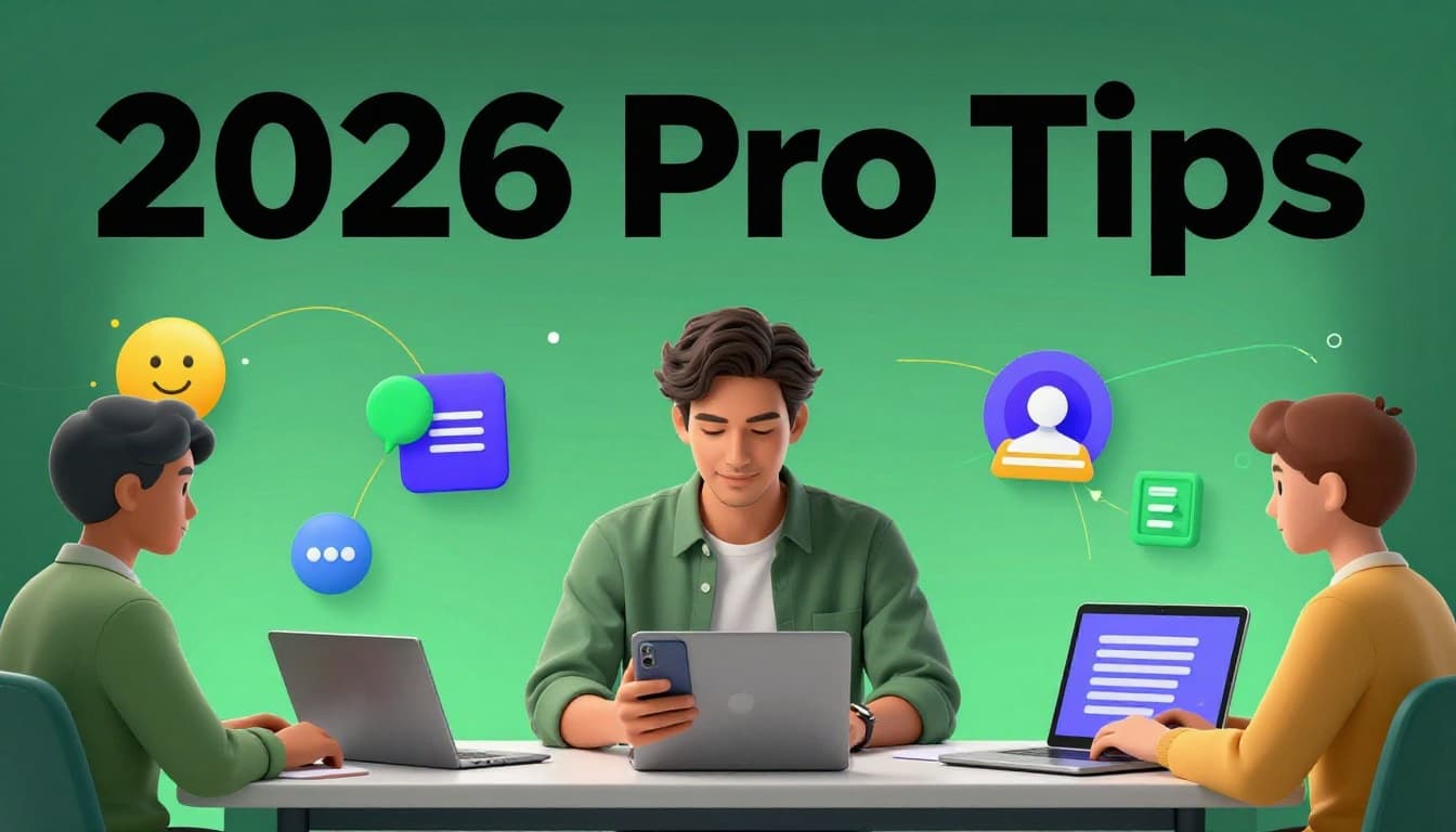 Futuristic 2026 digital scene of one content creator multitasking with phone, laptop, and notes in a dynamic workspace, representing trends in conversational AI, hybrid visuals, and infographics. Bold branded editorial style with muted dark-green top band featuring '2026 Pro Tips' in high-contrast geometric sans-serif.