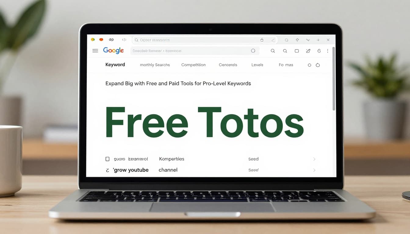 Realistic laptop screen view of Google Keyword Planner displaying keyword ideas for 'grow youtube channel', with a bold 'Free Tools' header in dark-green band, on a simple office desk background.