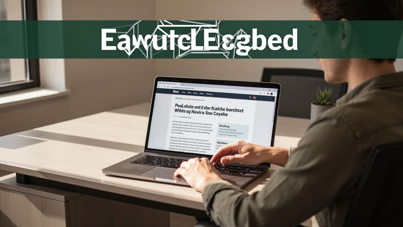 Muted dark-green top band with bold 'Heading Power' headline, featuring a person at a modern office desk scanning a laptop screen displaying a blog post with clear headings and subheadings, relaxed hands on keyboard, natural daylight, warm neutral palette.