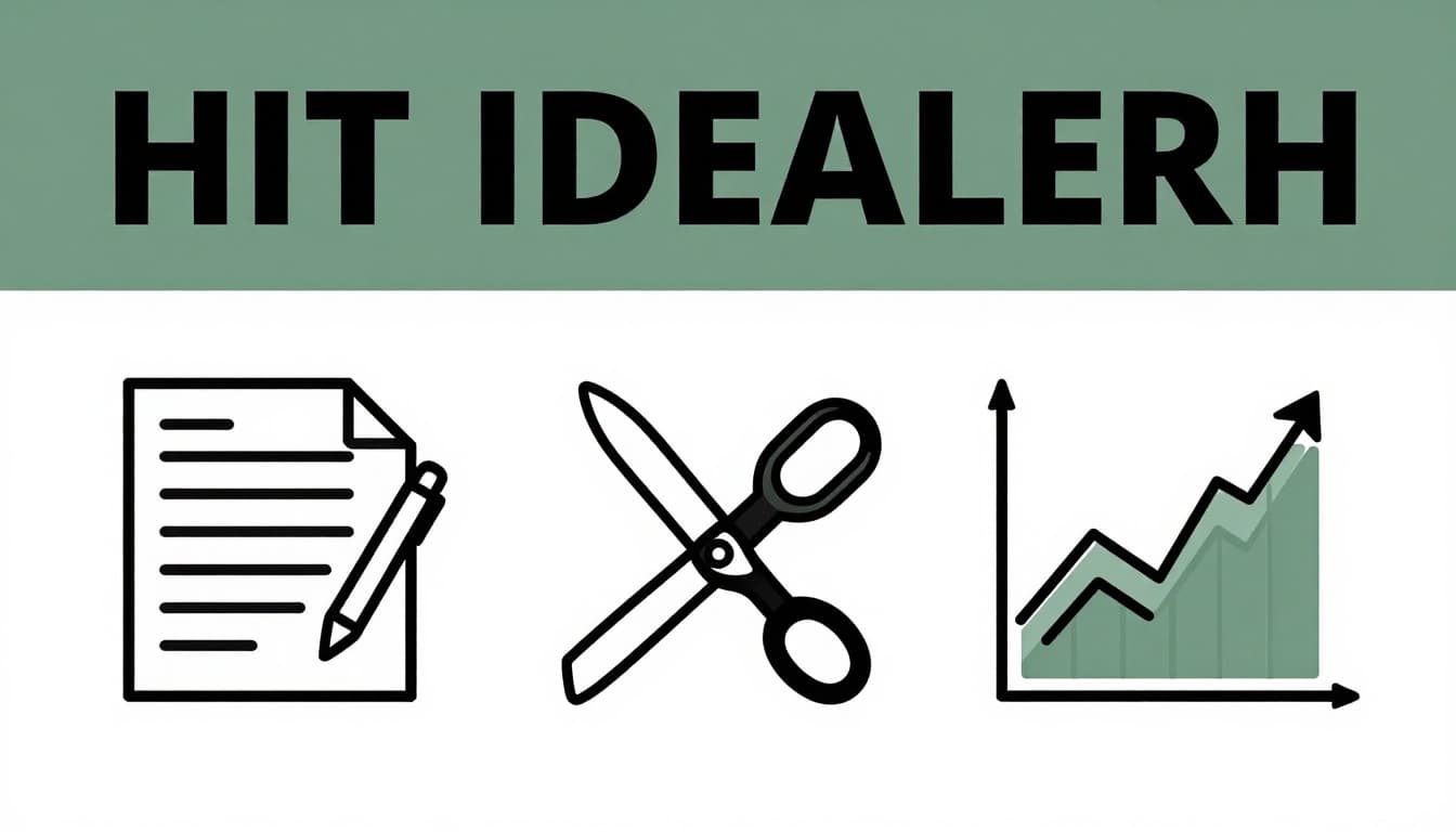 Illustrative step-by-step icons on a clean desk workspace showing notepad, keyboard, edit scissors, and analytics graph sequence for achieving ideal post length, topped with bold 'Hit Ideal Length' headline in geometric sans-serif on muted dark-green band.