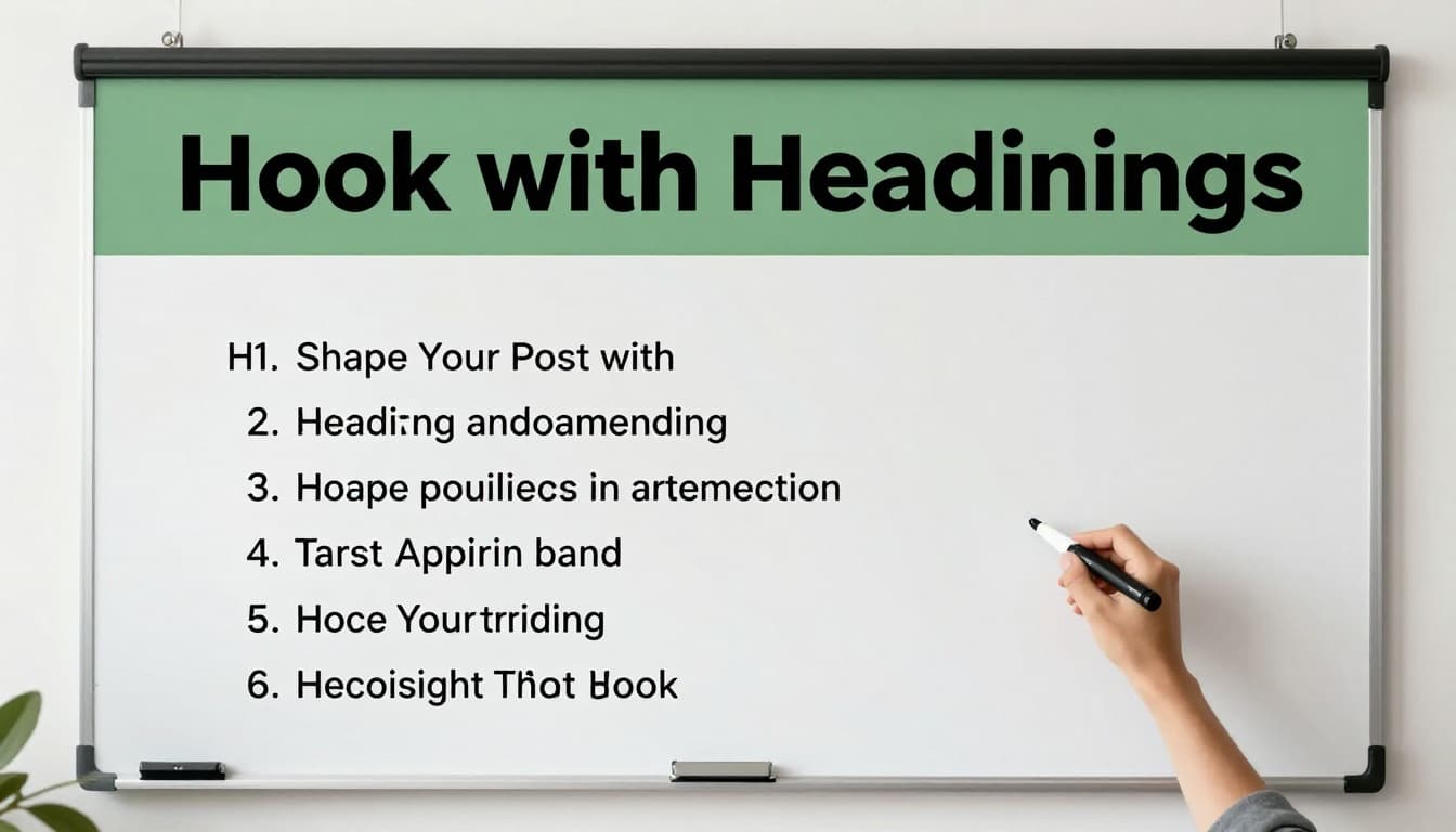 Top-down angled view of a whiteboard displaying a hierarchical blog post outline with clear H2 and H3 headings, marker resting nearby in a bright office setting. Illustrative flat design style with vibrant daylight and bold 'Hook with Headings' headline on a muted dark-green band.