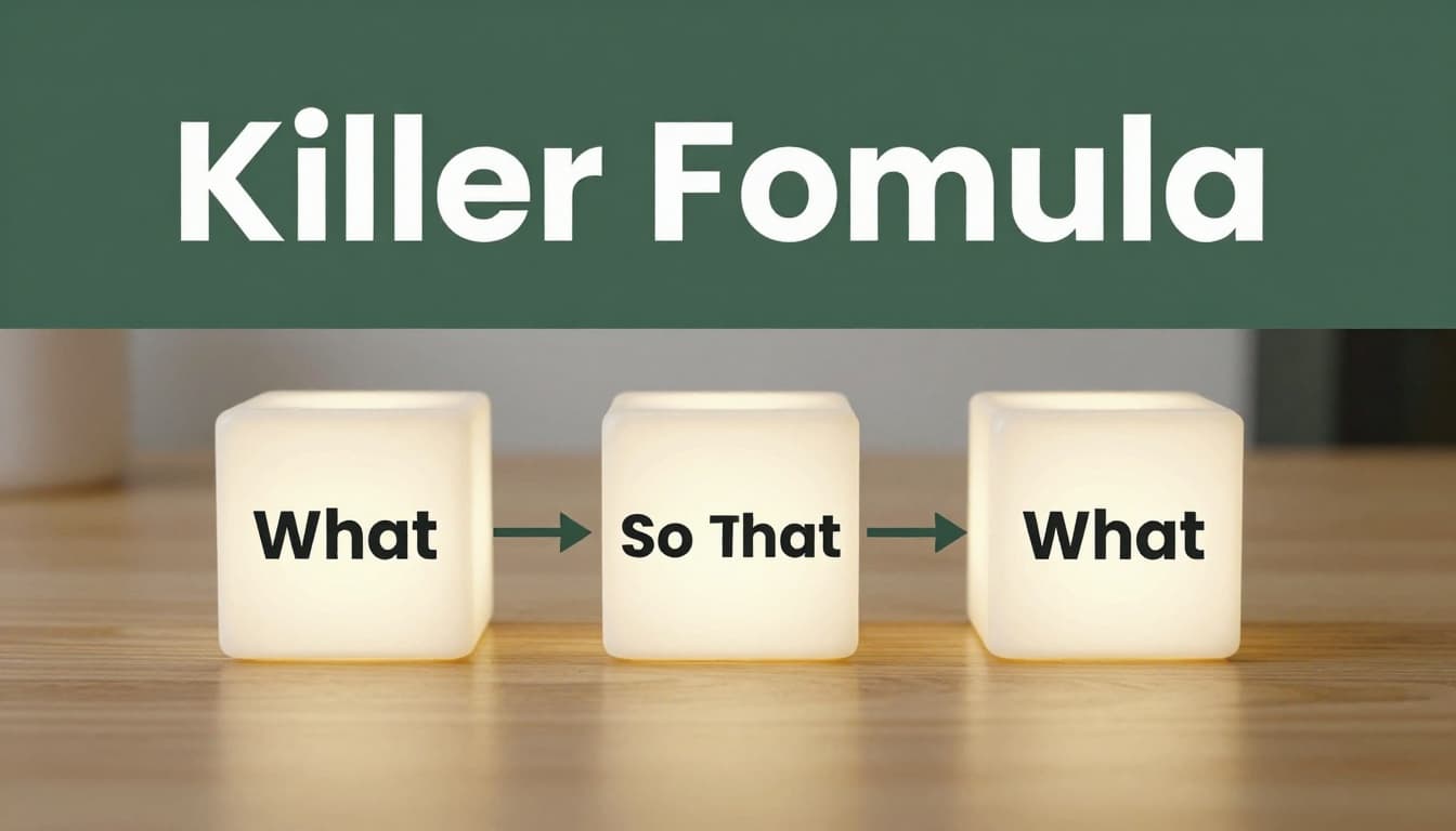 Photorealistic infographic of three glowing blocks arranged as What, So What, Now What in a clean flowchart on a wooden desk with soft overhead office lighting and a bold 'Killer Formula' headline on a dark-green band.