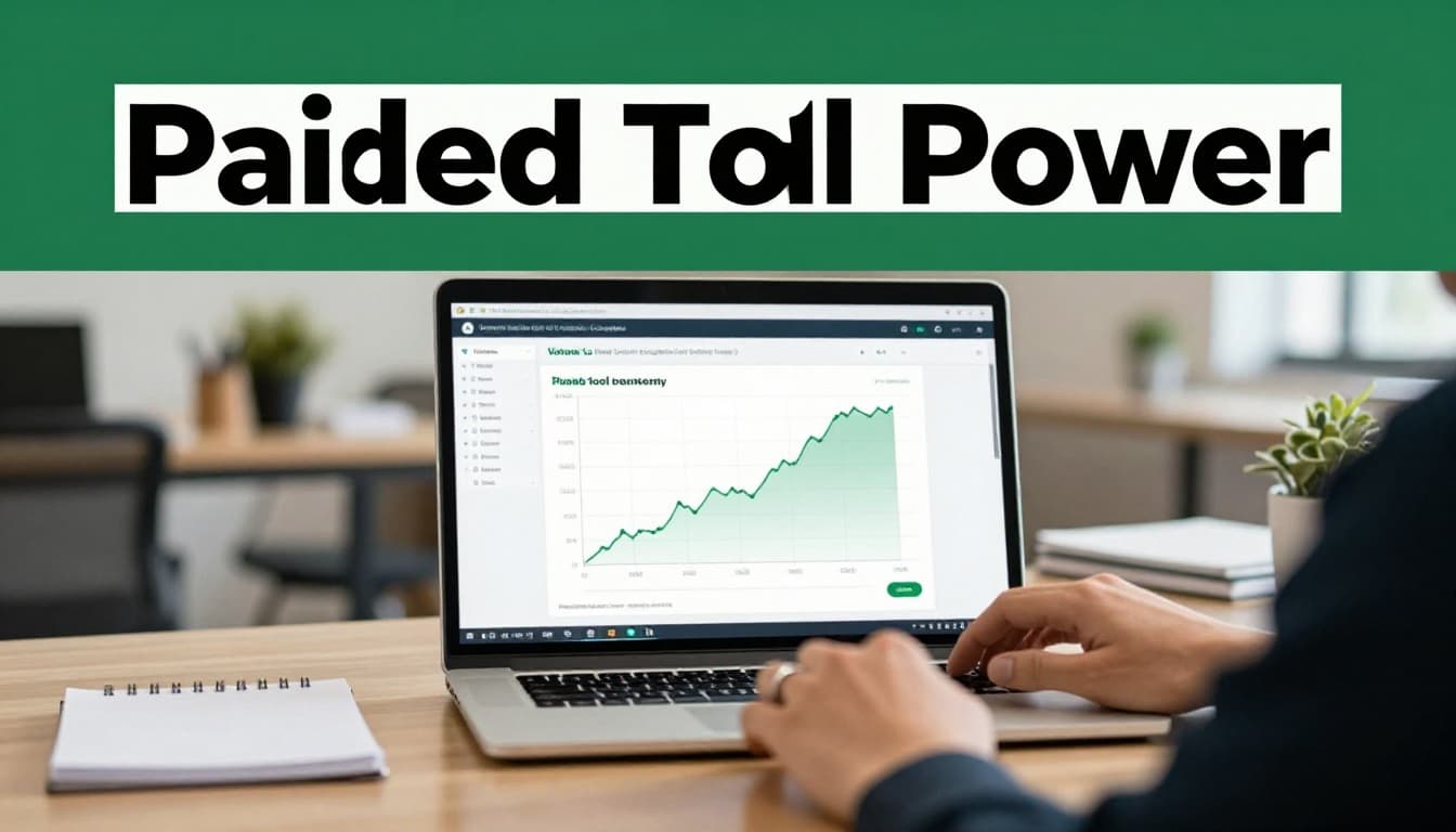 Laptop screen in a professional office setting displays a blurred scatter plot graph of keyword search volume versus difficulty, with a notepad on the desk. Top features a muted dark-green band with bold 'Paid Tool Power' headline in geometric sans-serif font.