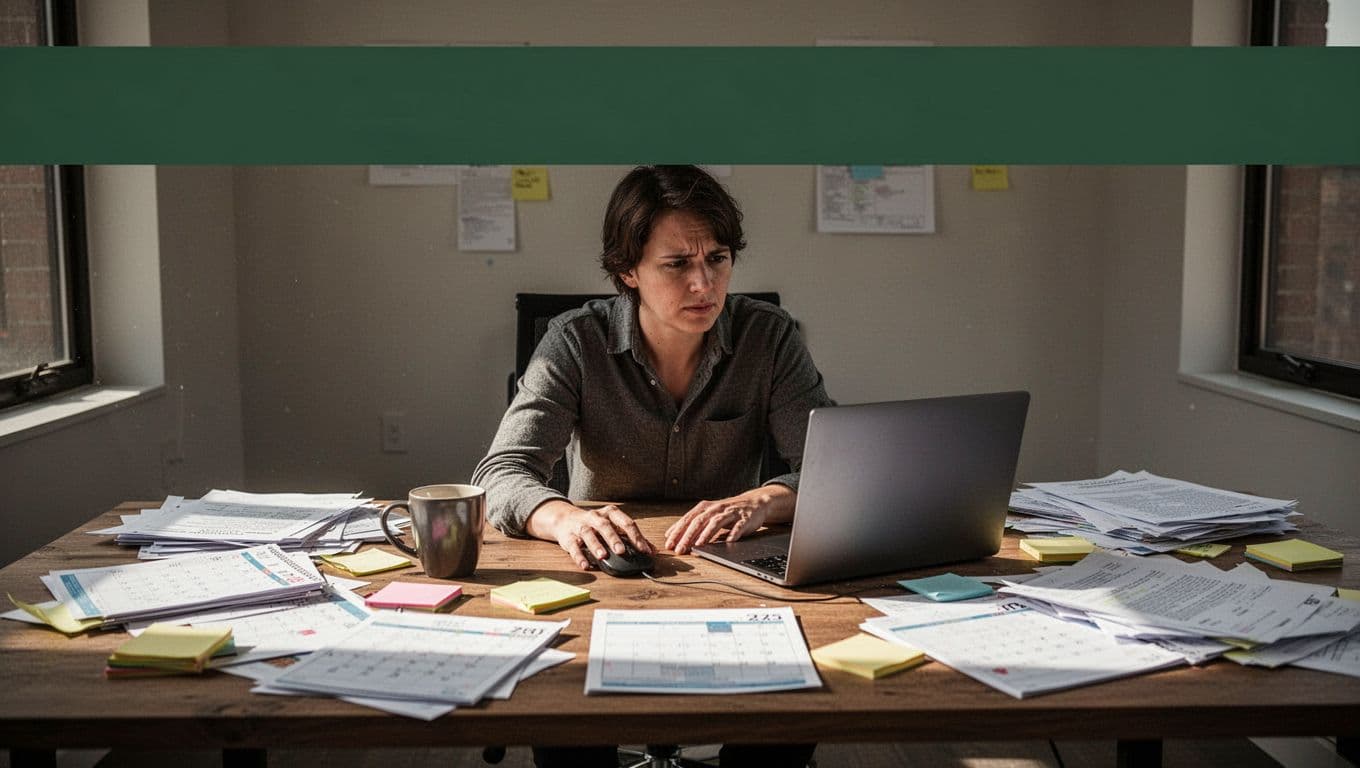 A mildly frustrated professional sits at a cluttered wooden desk in a modern office, surrounded by scattered papers, calendars, sticky notes, and a coffee mug, illustrating the chaos of poor content planning. Bold 'Planning Pitfalls' headline in Montserrat Black font on an edge-to-edge muted dark-green band at the top.
