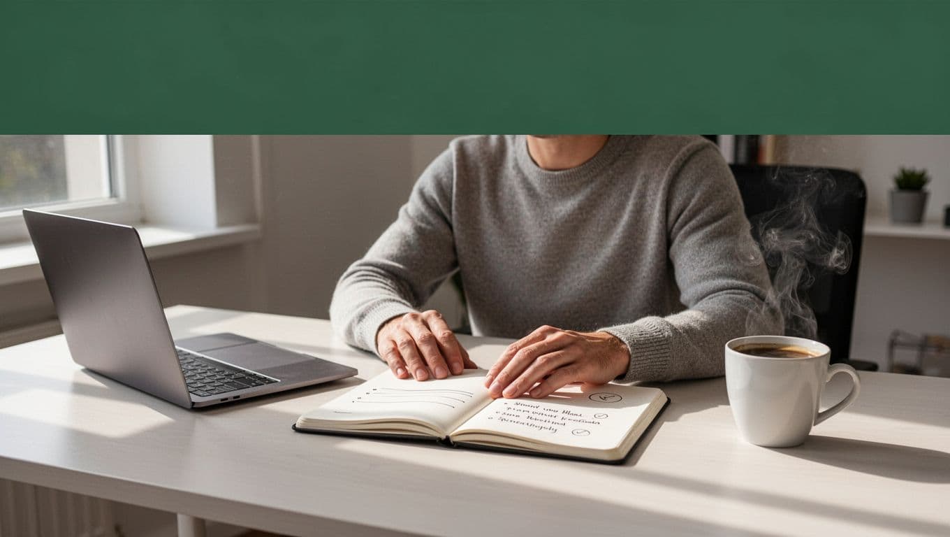 A person sits at a tidy, distraction-free writing desk in a quiet home office with an open notebook, closed laptop, and coffee cup, illuminated by natural window light, topped with a bold 'Prep Space' headline on a dark-green band.