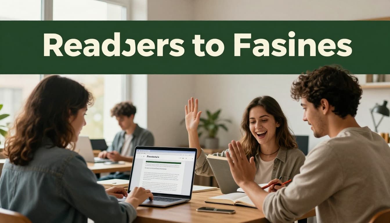 Two excited people high-fiving over a laptop screen showing a blog post in a cozy modern office, with a bold 'Readers to Fans' headline on a dark-green band.
