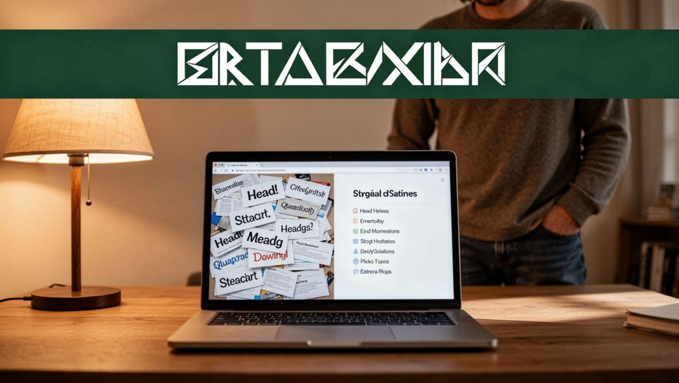 Split-screen laptop in cozy workspace shows messy headings left versus clear structured right, blurred person viewing, warm lamp light, bold dark-green top band with 'Real Examples' headline.