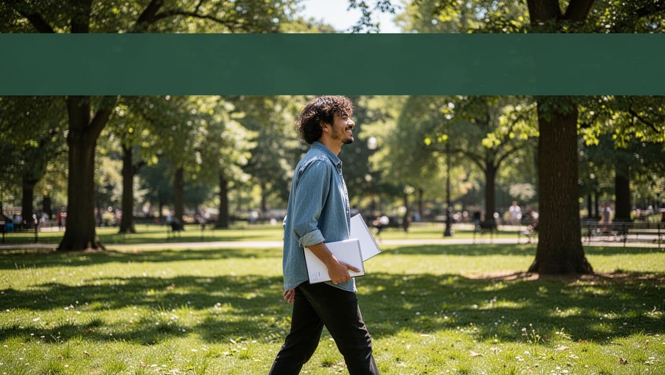 Bold 'Recharge Wins' headline on a dark-green band above a realistic photo of a relaxed writer strolling in a sunny park with notebook under arm.