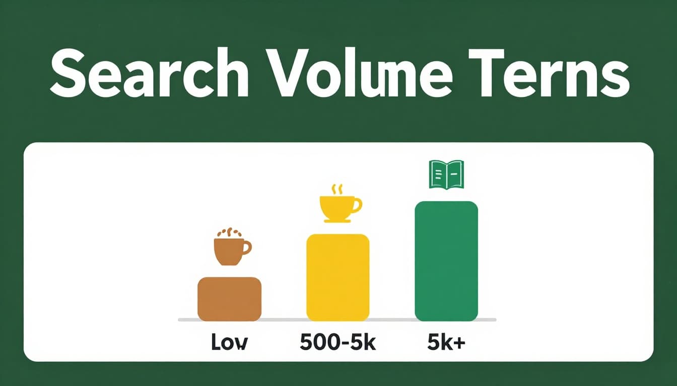 Minimalistic colorful bar chart displaying low (under 500), medium (500-5k), and high (5k+) search volume tiers with keyword icons like coffee cup and niche book, topped by a bold dark-green headline band.