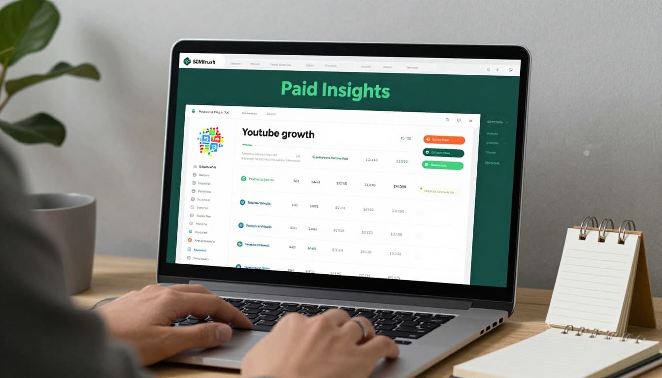 Realistic photo of SEMrush Keyword Magic Tool dashboard on a desktop screen showing colorful keyword cloud and metrics table for 'youtube growth' in a professional workspace with mouse and notepad, featuring 'Paid Insights' headline in muted dark-green band.