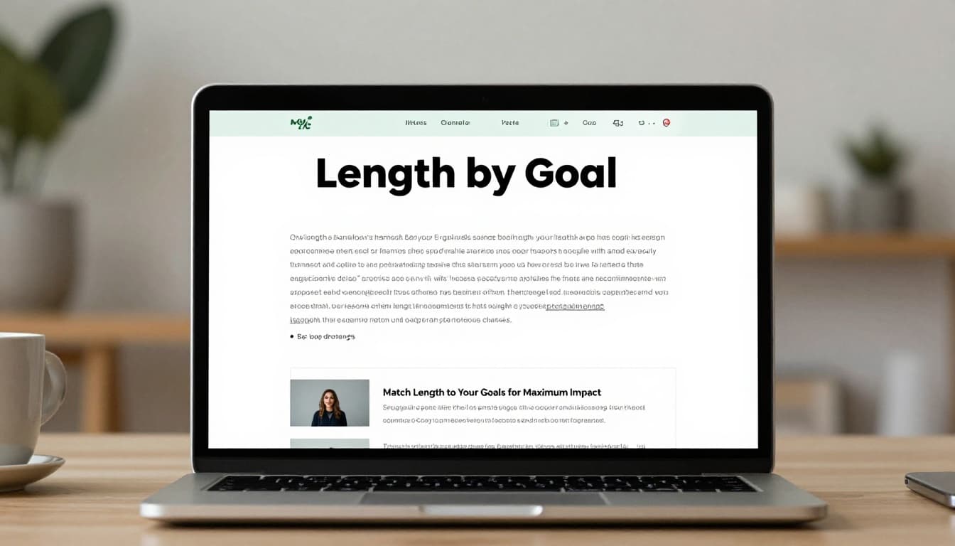 A centered laptop on a softly lit office desk displays a blog post outline with sections for SEO, engagement, and conversions under the bold headline 'Length by Goal' in high-contrast typography on a muted dark-green band.