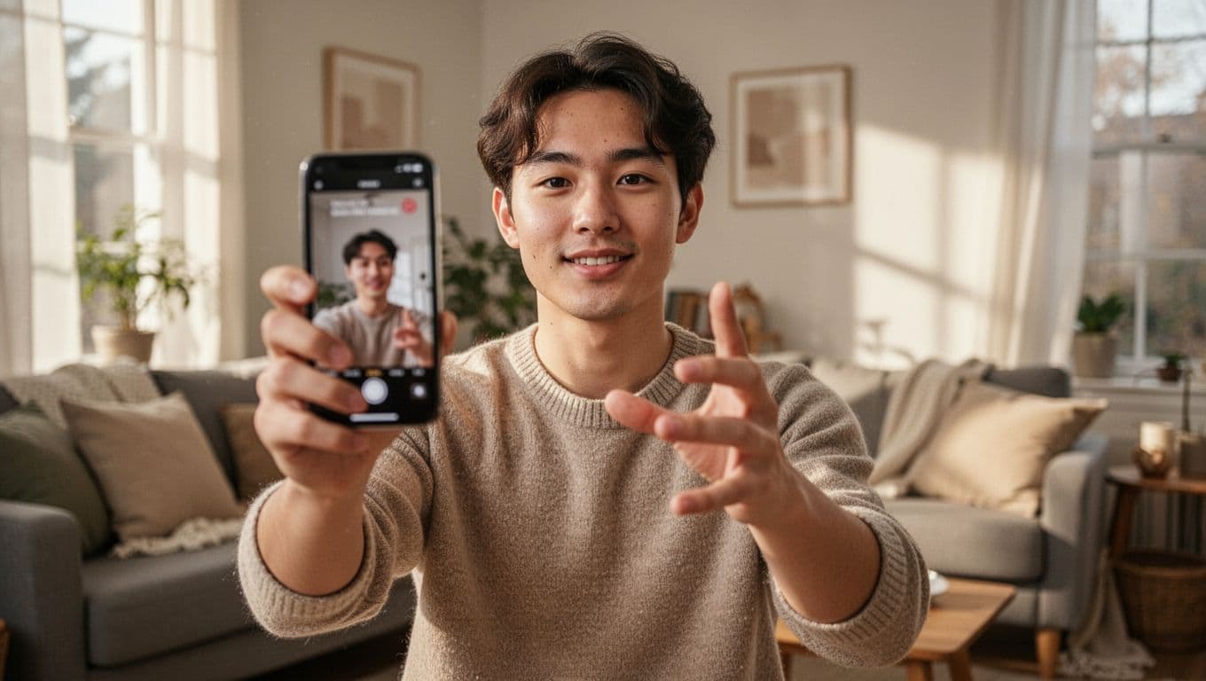 A young adult holds a smartphone at arm's length, filming themselves demonstrating a quick habit tip in a cozy living room with natural light and relaxed pose. Features a muted dark-green top band with 'Phone Magic' in bold sans-serif text, bold editorial style, close-up on face and phone, muted tones.