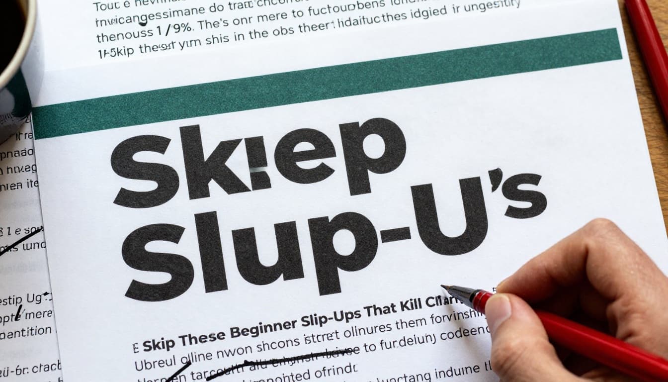 Close-up realistic photo of a red pen editing a printed article draft with strikeouts and notes on a cluttered desk with coffee mug and dramatic side lighting. Bold 'Skip Slip-Ups' headline in geometric sans-serif on a muted dark-green band at the top.