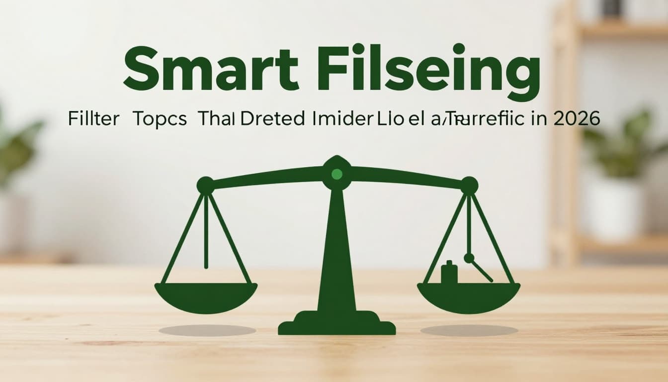 Bold editorial style image featuring a muted dark-green header with 'Smart Filtering' headline, and a central balance scale showing keywords on one side and competition icons on the other, on a simple desk background with soft lighting.