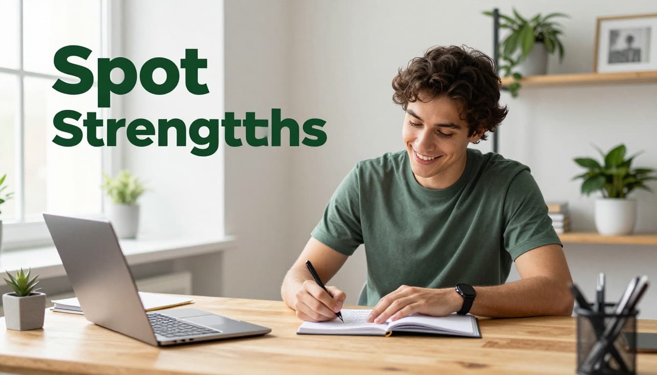 A young adult with a confident smile brainstorms hobbies like cooking and fitness in a notebook at a wooden desk in a bright home office, under natural window light with soft shadows. Bold dark-green top banner reads 'Spot Strengths' in high-contrast geometric sans-serif font.