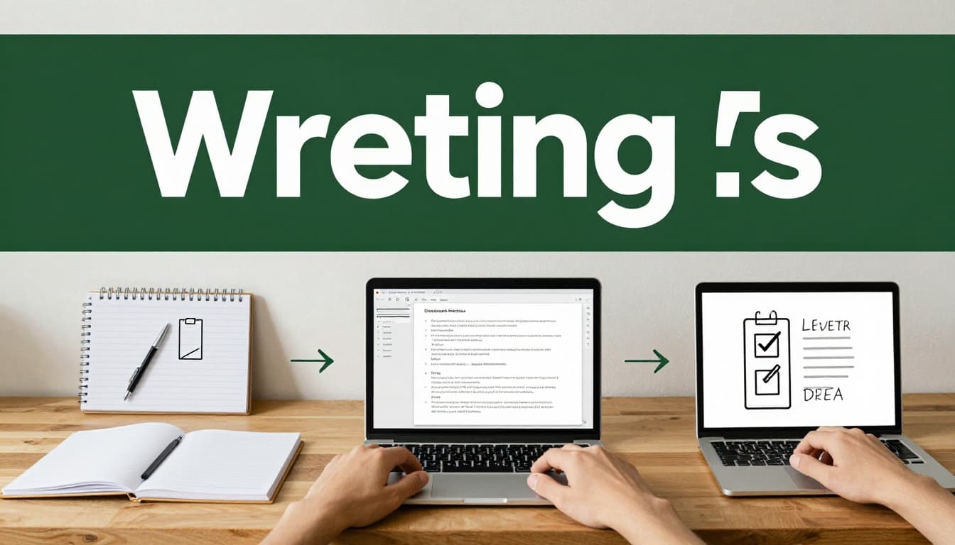 Step-by-step content creation workflow on a wooden desk featuring notebook with outline sketch, laptop with open drafting document, and subtle checklist icons for research and edit, arranged sequentially from left to right in realistic photography with warm natural window light and bold 'Writing Process' headline.