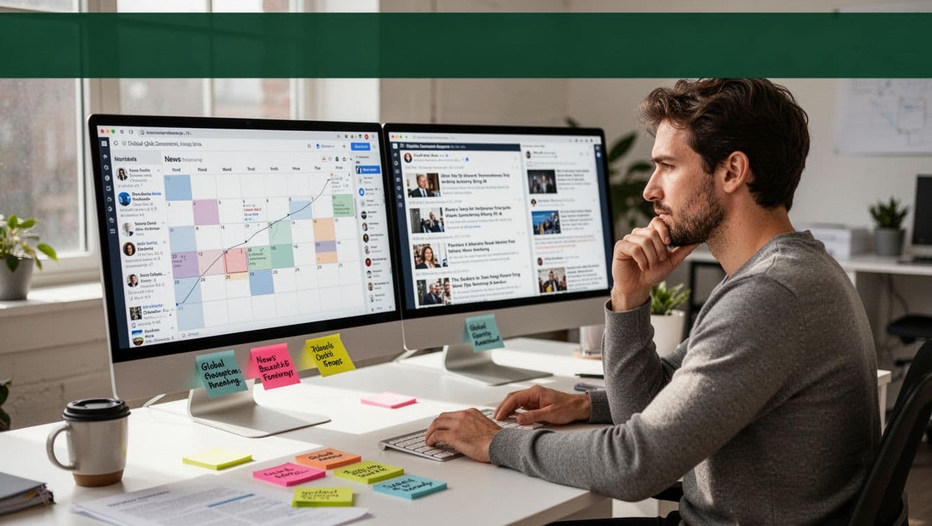A focused content marketer in a bright modern office reviews calendars and news feeds on dual screens surrounded by sticky notes on global events and cultural insights, with a bold '2026 Traps' headline band at the top.