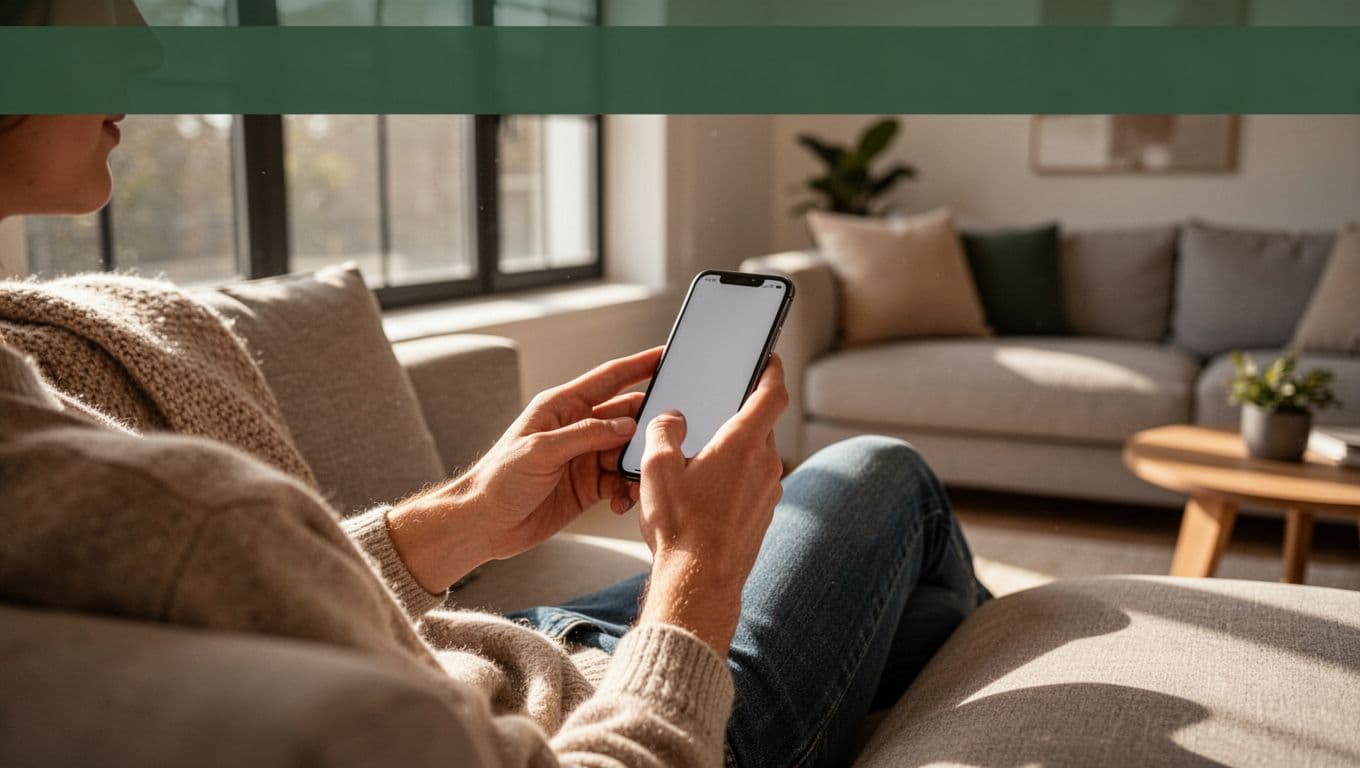 One person relaxed in a cozy modern living room with natural light, typing on a smartphone held in two hands, screen showing simple thread interface and 'Quick Buzz' header, bold editorial illustration in muted warm tones.