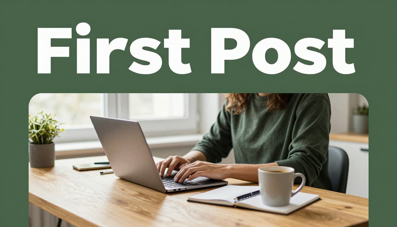 A focused writer at a wooden desk in a bright home office types on a laptop with notebook, pen, and coffee nearby, under natural daylight. Muted dark-green top band displays 'First Post' in bold sans-serif text, in crisp editorial illustration style with soft warm lighting.